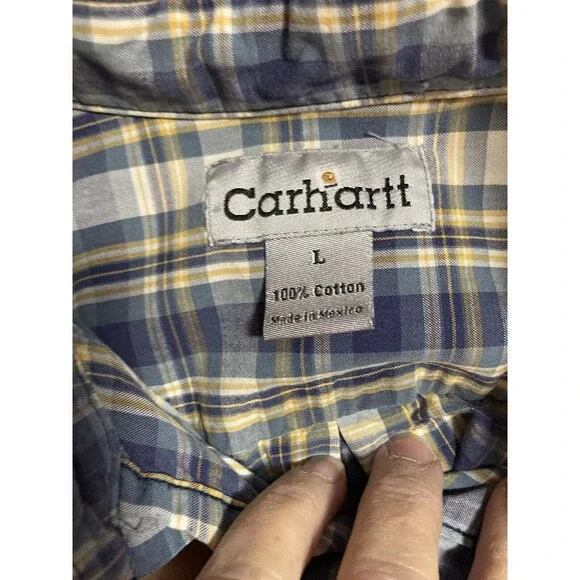 Carhartt Men Blue White Plaid 100% Cotton Short Sleeves Button Down Shirt Large - Picture 4 of 7